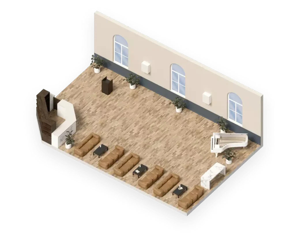 Rendered view of the Lodge, an intimate room for smaller wedding gatherings